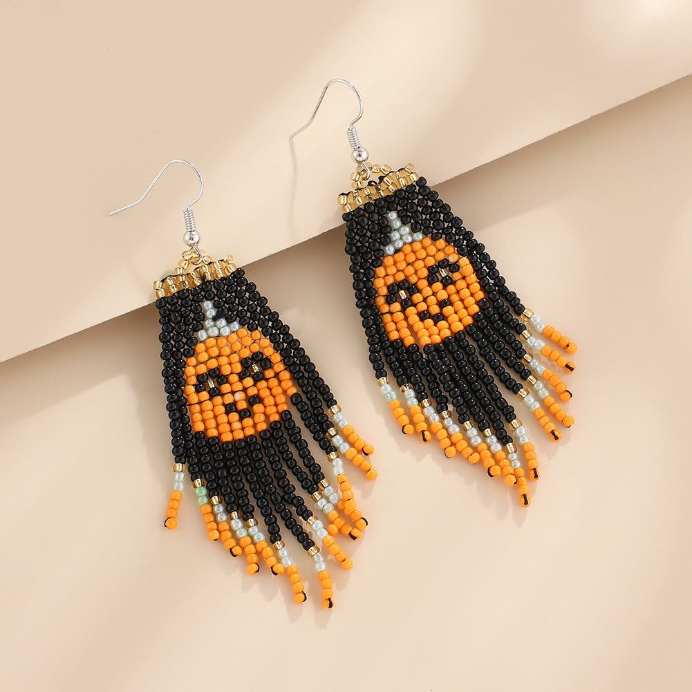 Pumpkin Ghost Seed Bead Fringe Earrings - Pumpkin