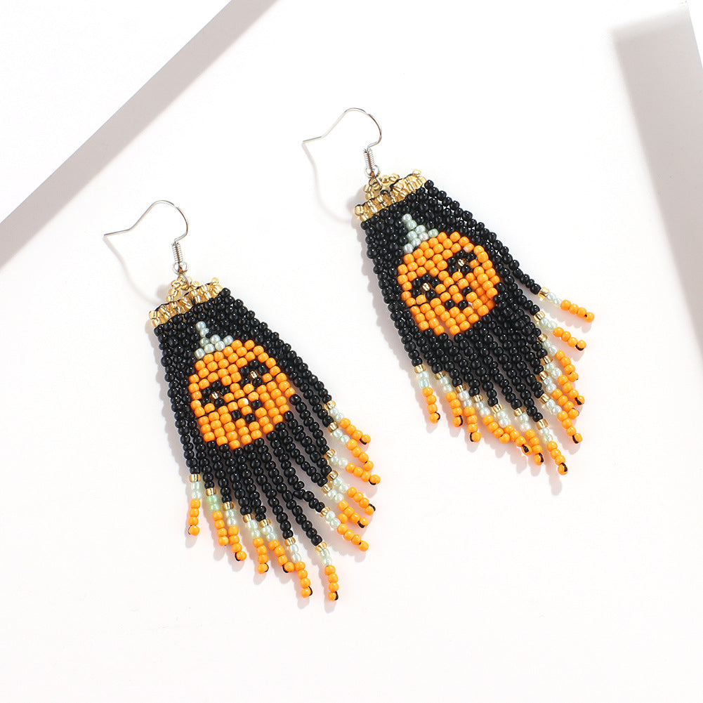 Pumpkin Ghost Seed Bead Fringe Earrings - Pumpkin - 1