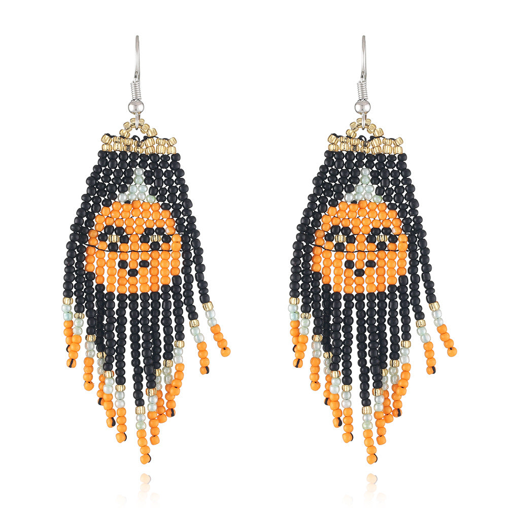 Pumpkin Ghost Seed Bead Fringe Earrings - Pumpkin - 2