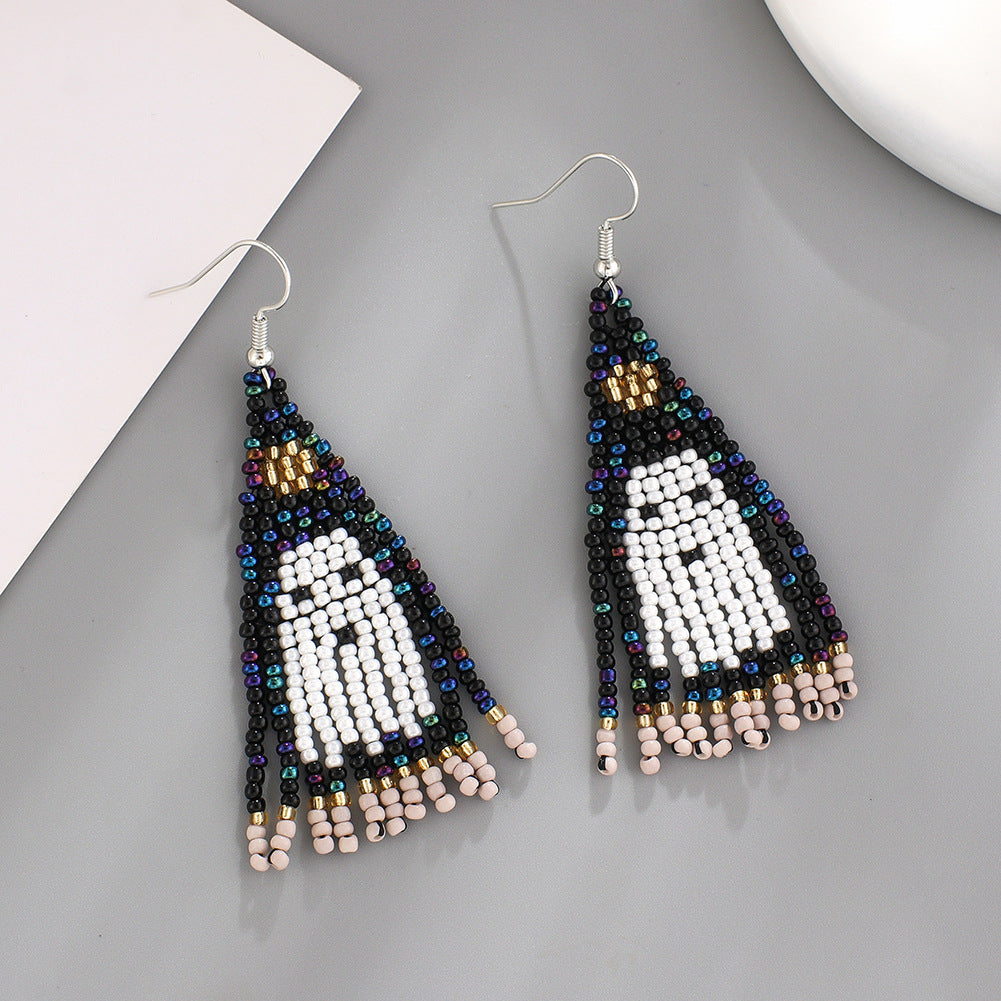 Pumpkin Ghost Seed Bead Fringe Earrings - White