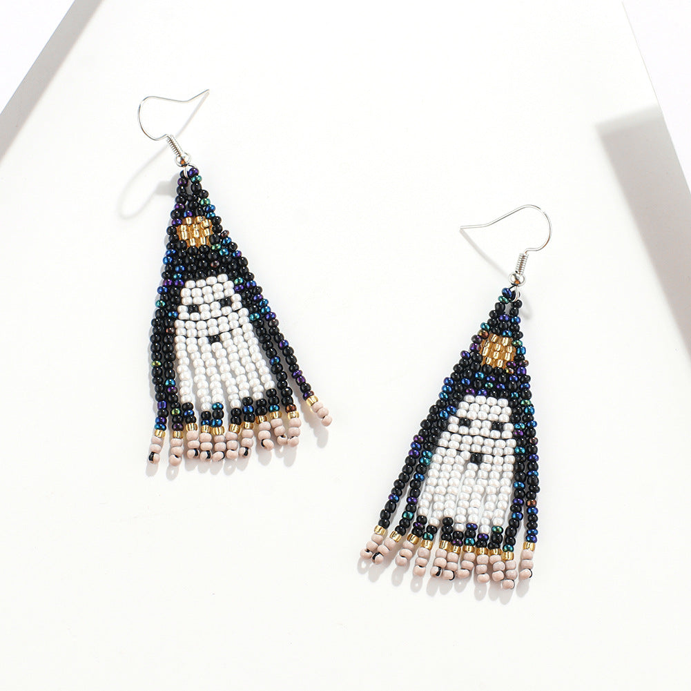 Pumpkin Ghost Seed Bead Fringe Earrings - White - 1