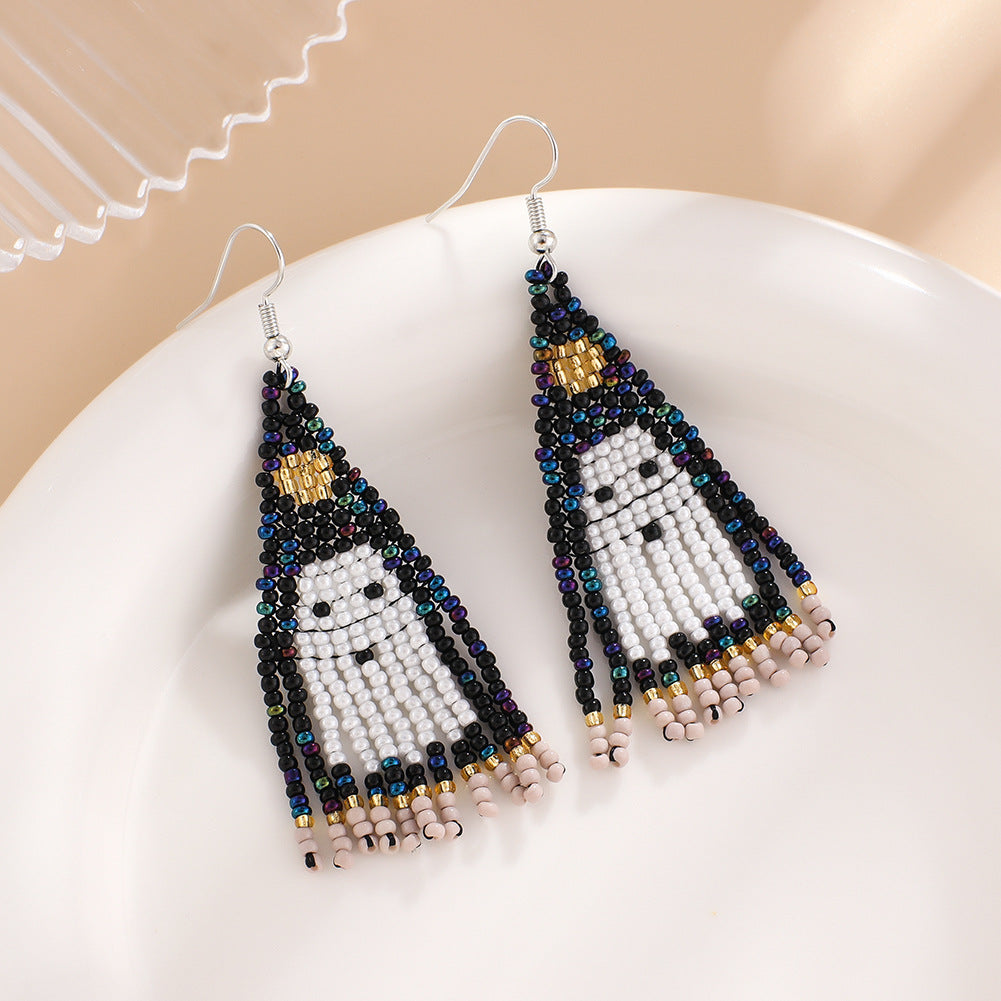 Pumpkin Ghost Seed Bead Fringe Earrings - White - 3