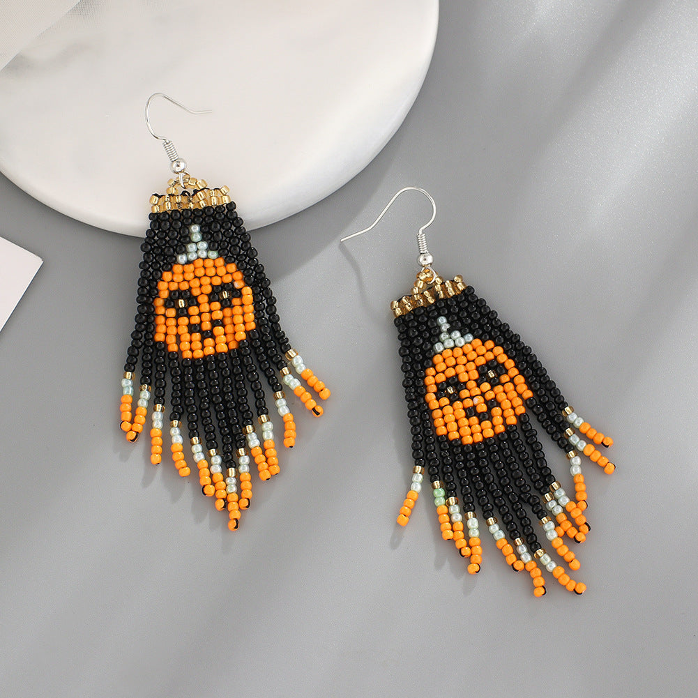 Pumpkin Ghost Seed Bead Fringe Earrings