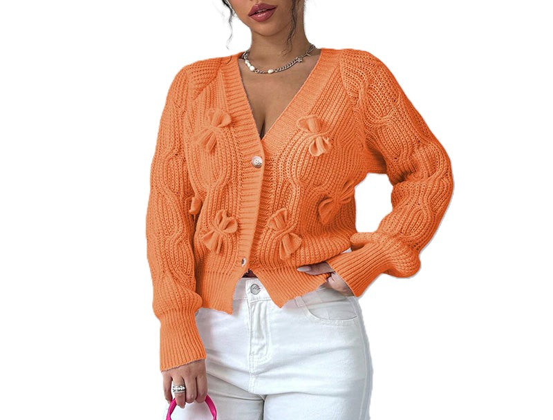 Bow Embellished Cable Knit Cardigan - Orange