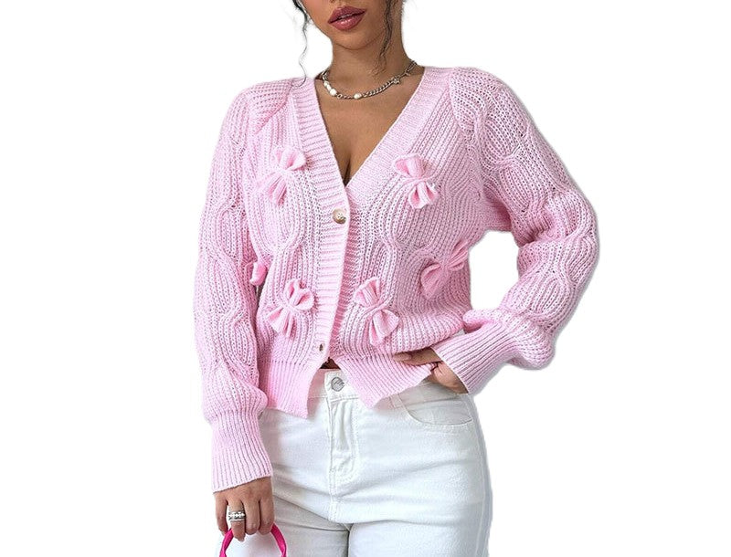 Bow Embellished Cable Knit Cardigan - Pink