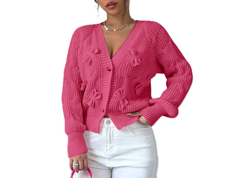 Bow Embellished Cable Knit Cardigan - Rose