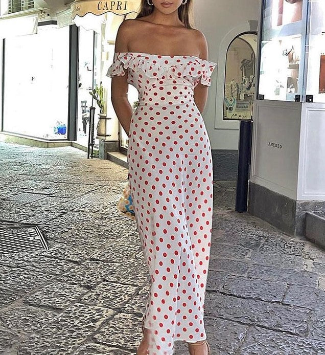 Polka Dot Off Shoulder Ruffle Maxi Dress - White