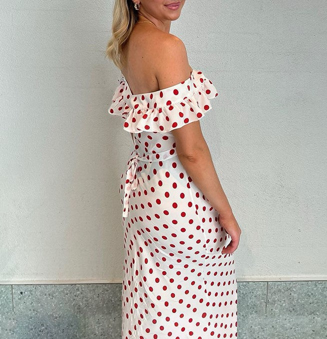 Polka Dot Off Shoulder Ruffle Maxi Dress - White - 1
