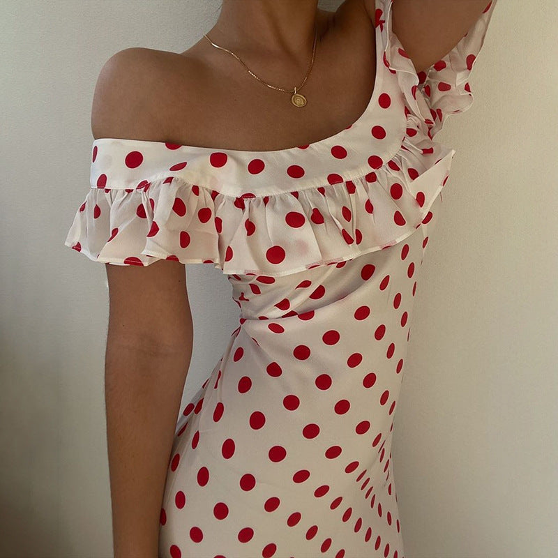 Polka Dot Off Shoulder Ruffle Maxi Dress - White - 3