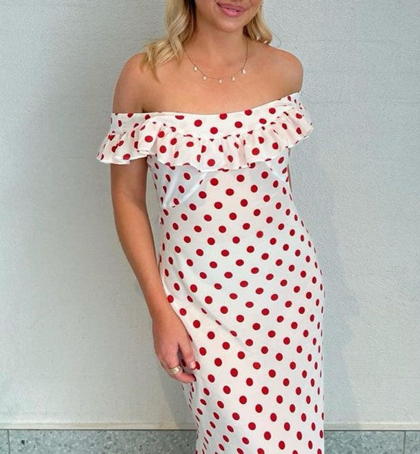 Polka Dot Off Shoulder Ruffle Maxi Dress - White - 5