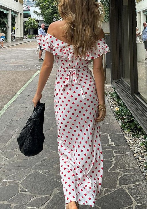 Polka Dot Off Shoulder Ruffle Maxi Dress - White - 7
