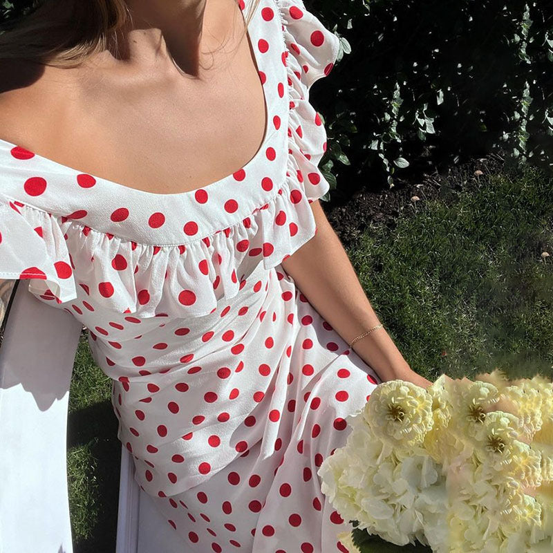 Polka Dot Off Shoulder Ruffle Maxi Dress - White - 8