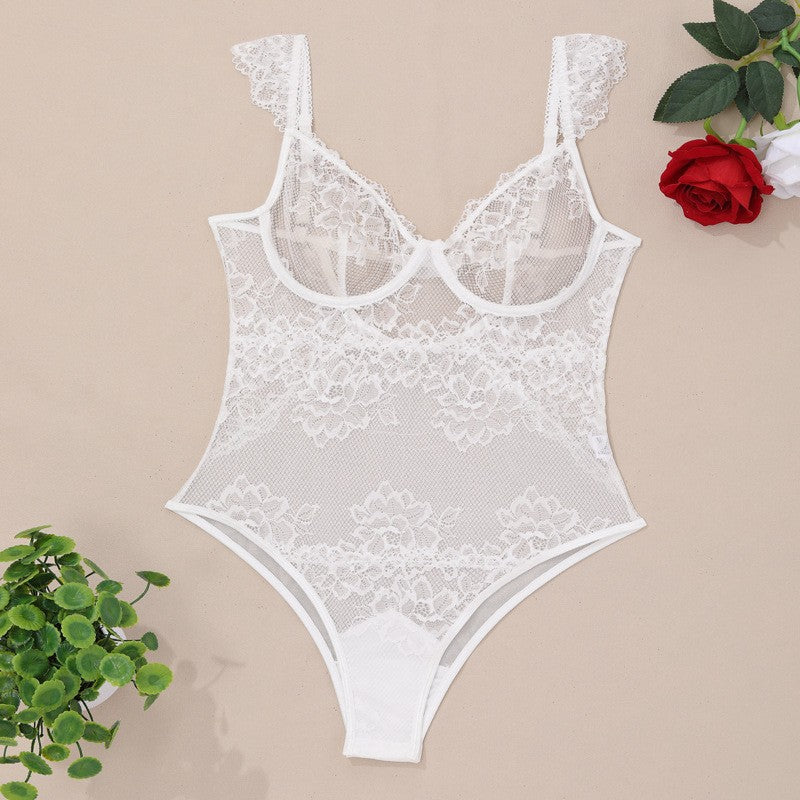 Floral Lace Underwire Sheer Mesh Bodysuit - White