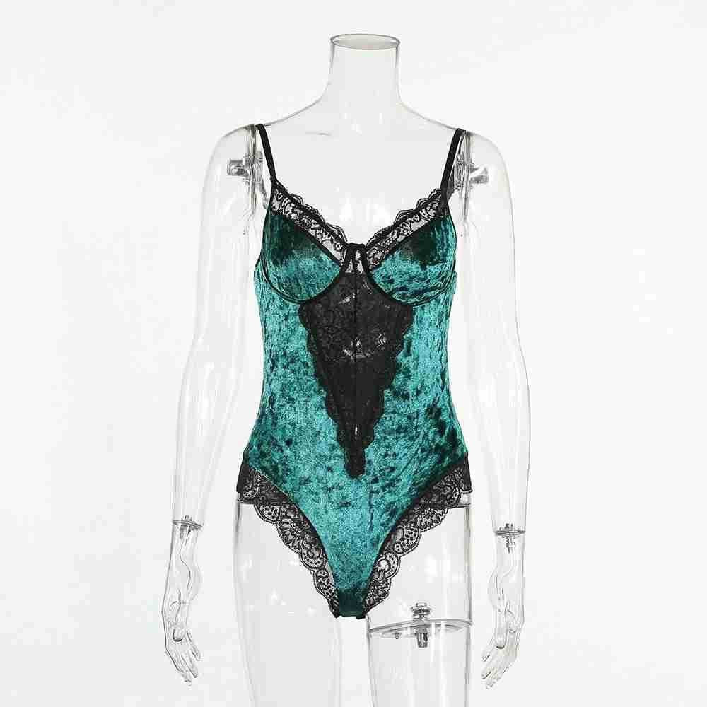 Crushed Velvet Lace Trim Underwire Bodysuit - Emerald