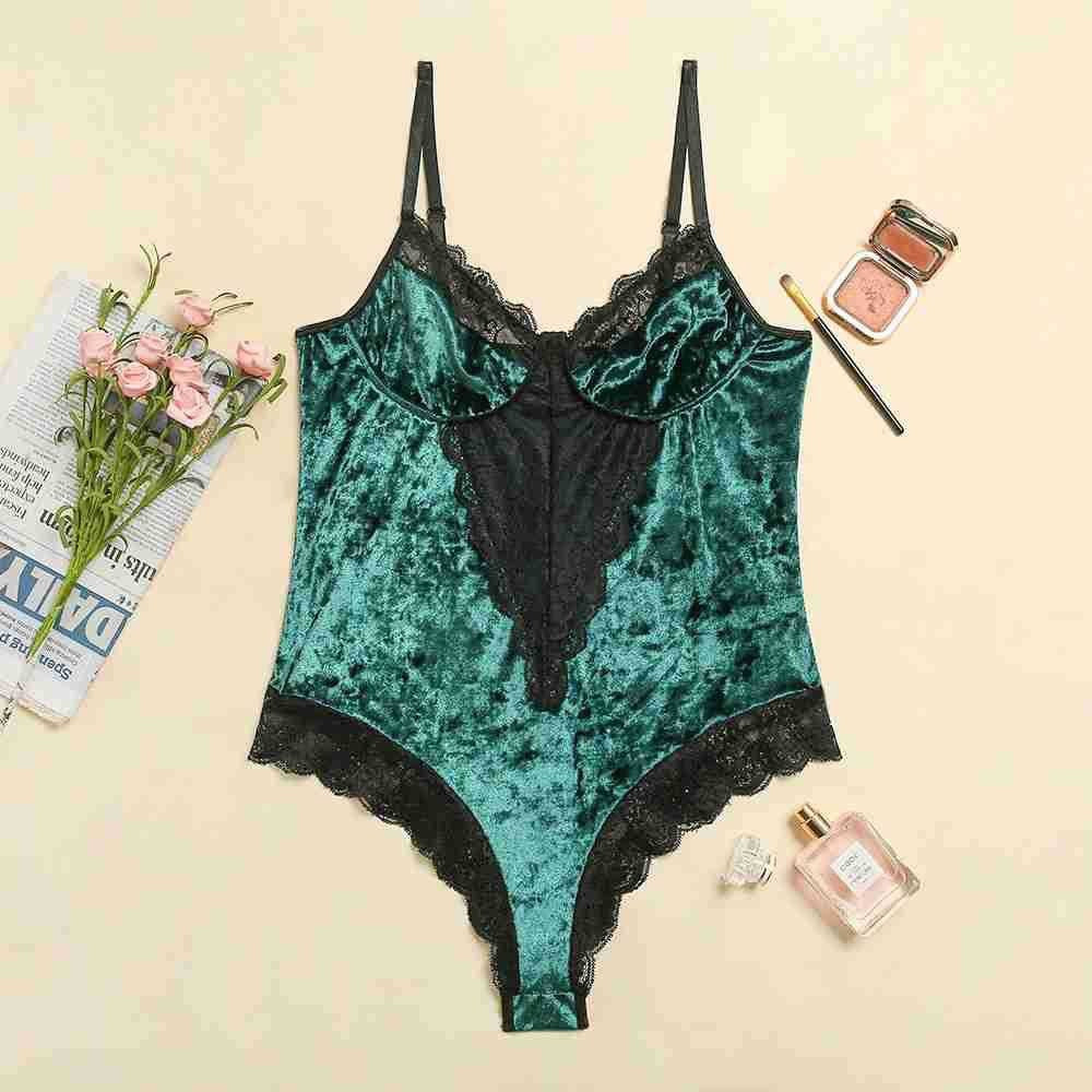 Crushed Velvet Lace Trim Underwire Bodysuit