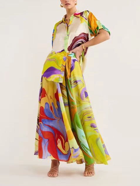 Abstract Print Satin Shirt And Skirt Set - Colour