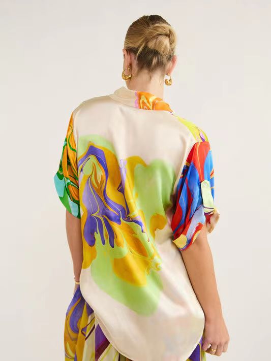 Abstract Print Satin Shirt And Skirt Set - Colour - 2