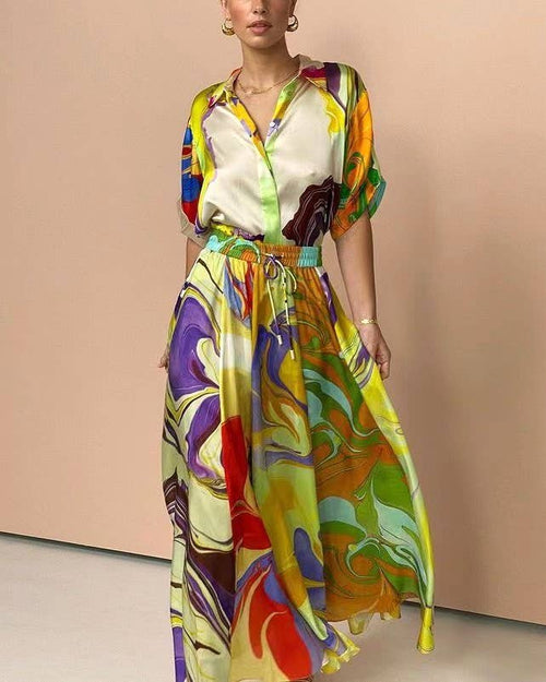 Abstract Print Satin Shirt And Skirt Set