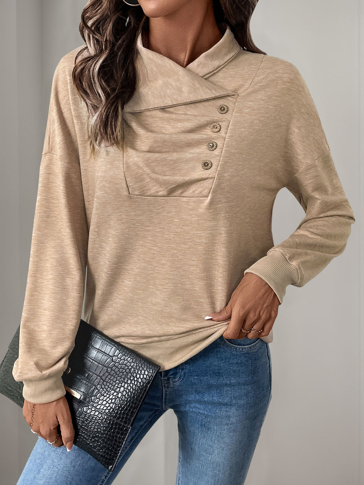 Ruched Stand Collar Button Blouse - Khaki - 1