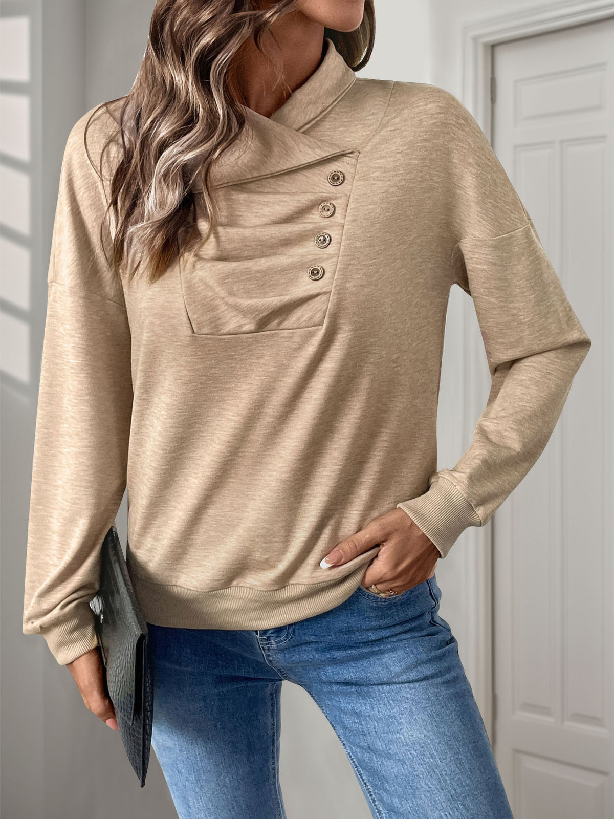 Ruched Stand Collar Button Blouse