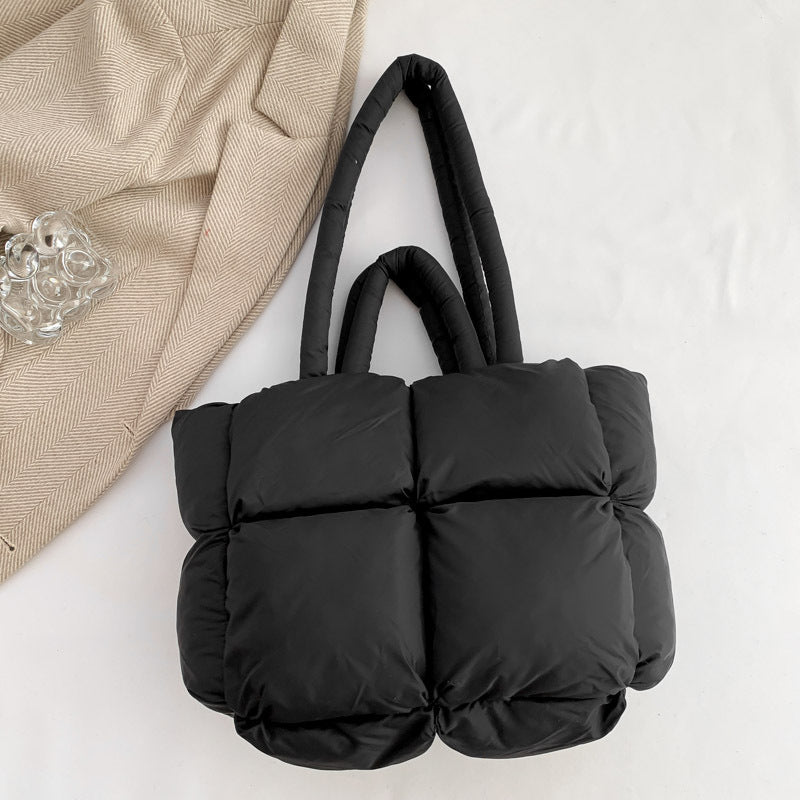Puffy Quilted Nylon Shoulder Tote Bag - Black