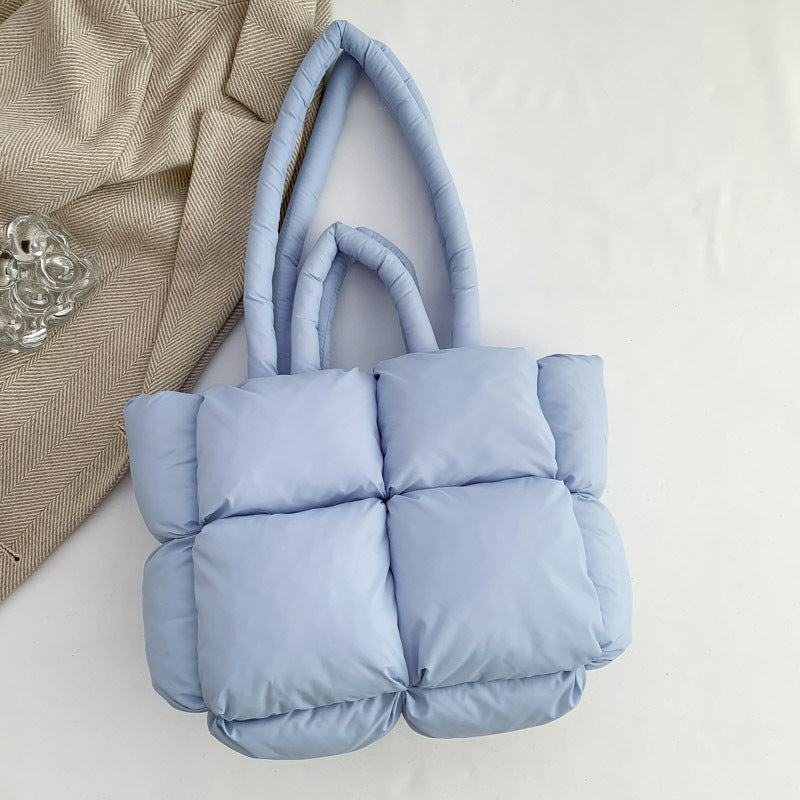 Puffy Quilted Nylon Shoulder Tote Bag - Blue