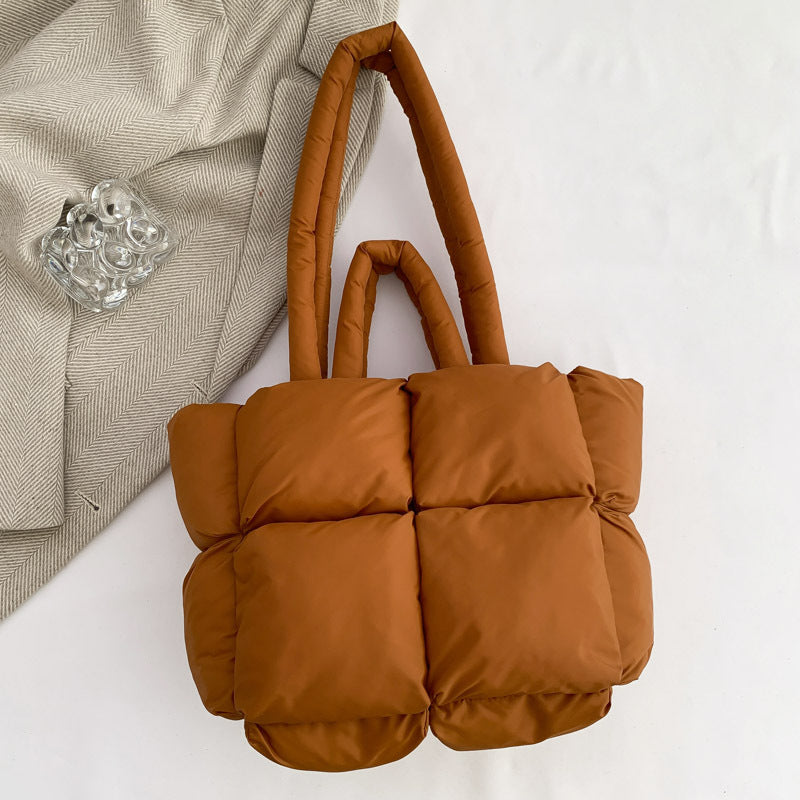 Puffy Quilted Nylon Shoulder Tote Bag - Brown