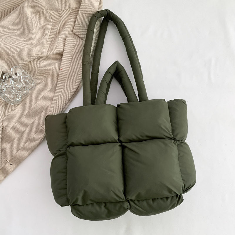 Puffy Quilted Nylon Shoulder Tote Bag - Green