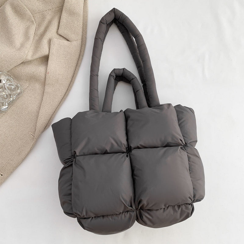 Puffy Quilted Nylon Shoulder Tote Bag - Grey