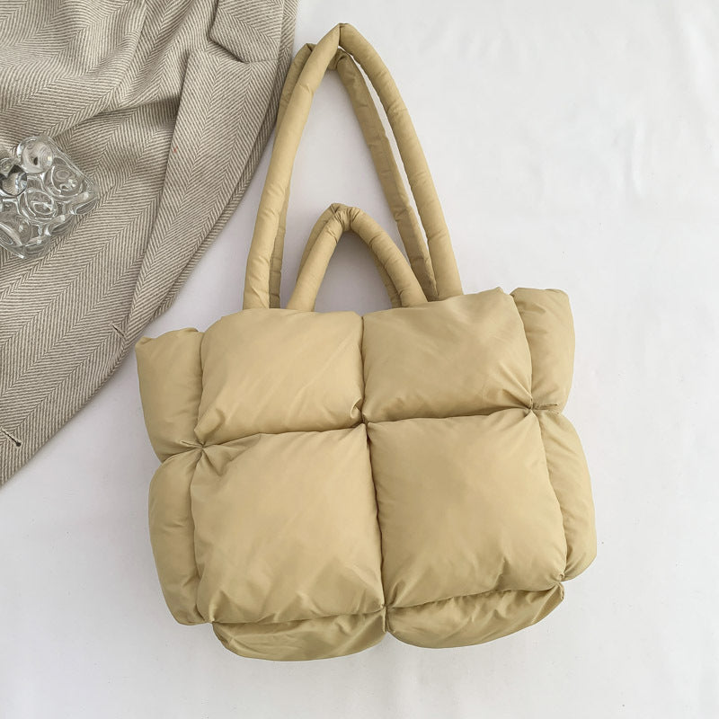 Puffy Quilted Nylon Shoulder Tote Bag - Khaki