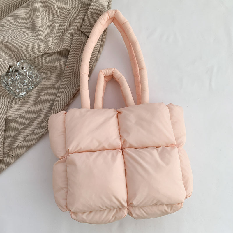 Puffy Quilted Nylon Shoulder Tote Bag - Pink