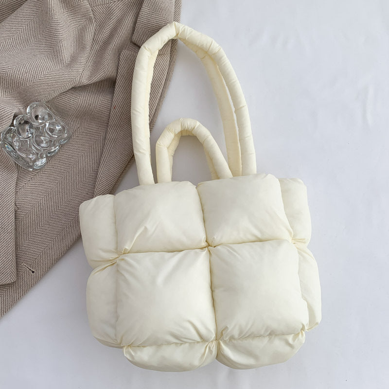 Puffy Quilted Nylon Shoulder Tote Bag - White