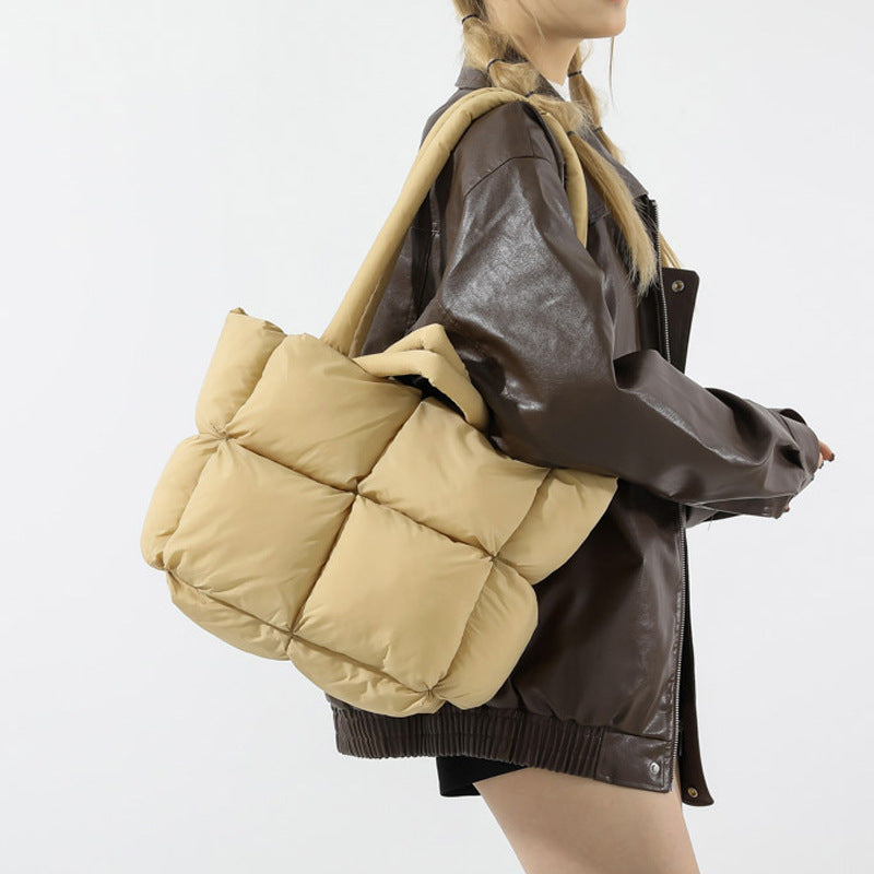 Puffy Quilted Nylon Shoulder Tote Bag