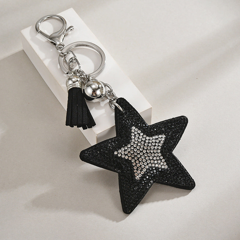 Rhinestone Star Tassel Keychain Bag Charm - Black