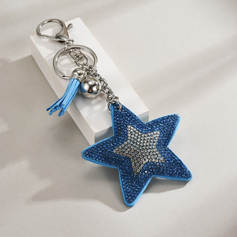 Rhinestone Star Tassel Keychain Bag Charm - Blue