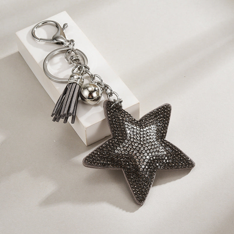 Rhinestone Star Tassel Keychain Bag Charm - Grey