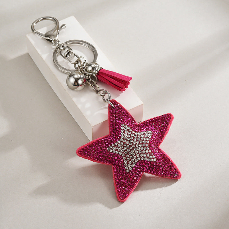 Rhinestone Star Tassel Keychain Bag Charm - Rose-Red