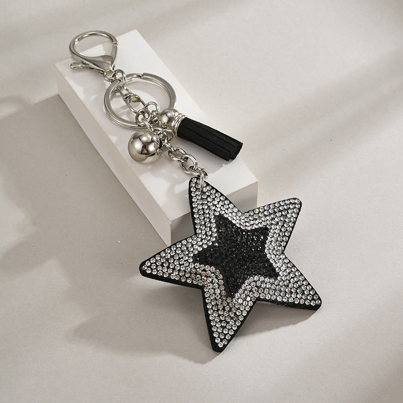 Rhinestone Star Tassel Keychain Bag Charm - Silver