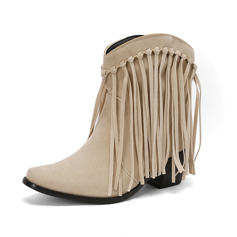 Whipstitch Fringe Pointed Toe Ankle Boots - Beige