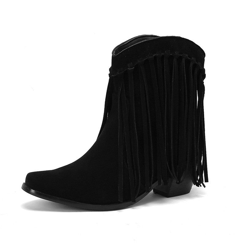 Whipstitch Fringe Pointed Toe Ankle Boots - Black