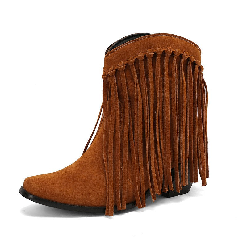 Whipstitch Fringe Pointed Toe Ankle Boots - Cognac