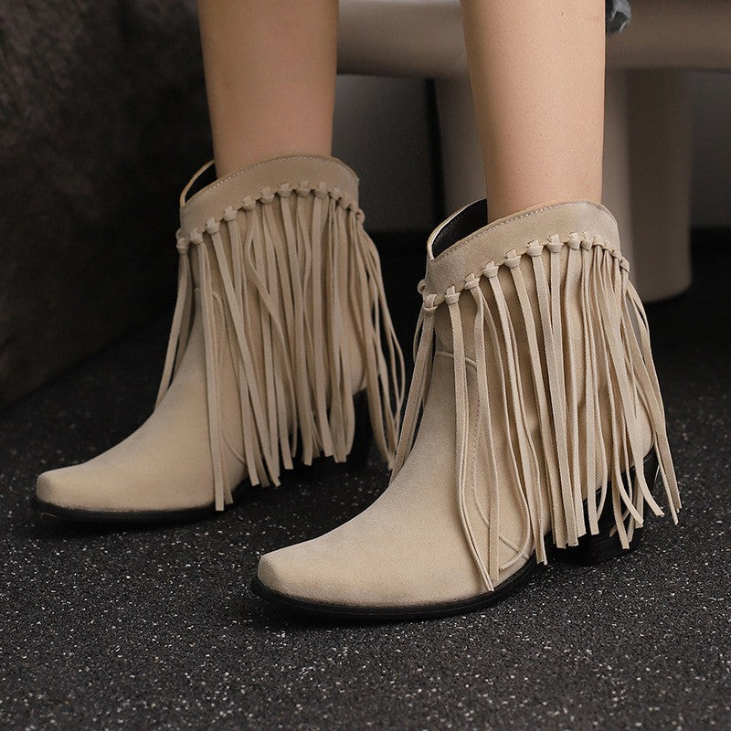Whipstitch Fringe Pointed Toe Ankle Boots