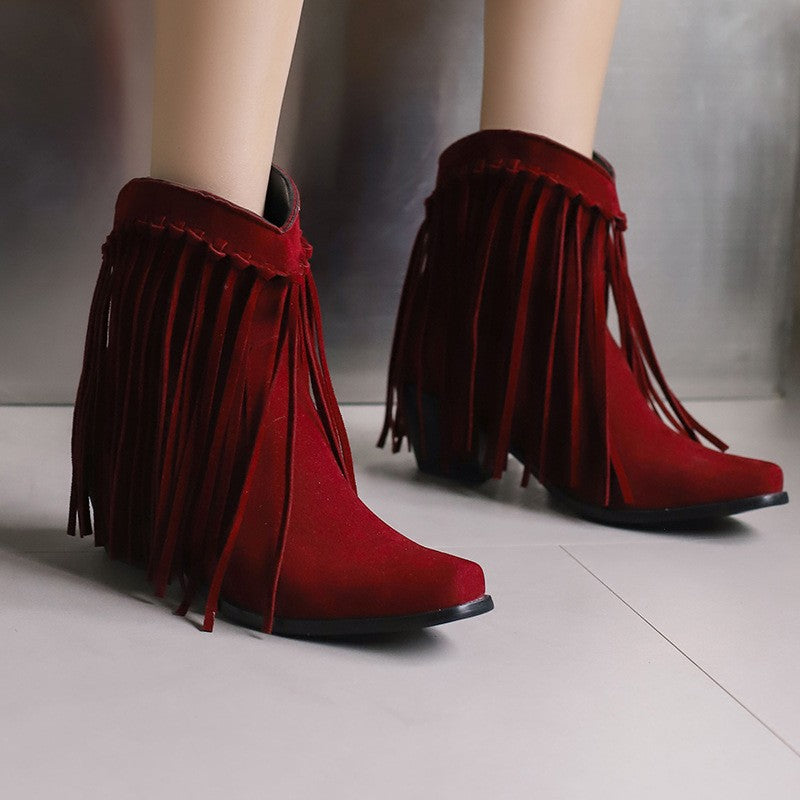 Whipstitch Fringe Pointed Toe Ankle Boots