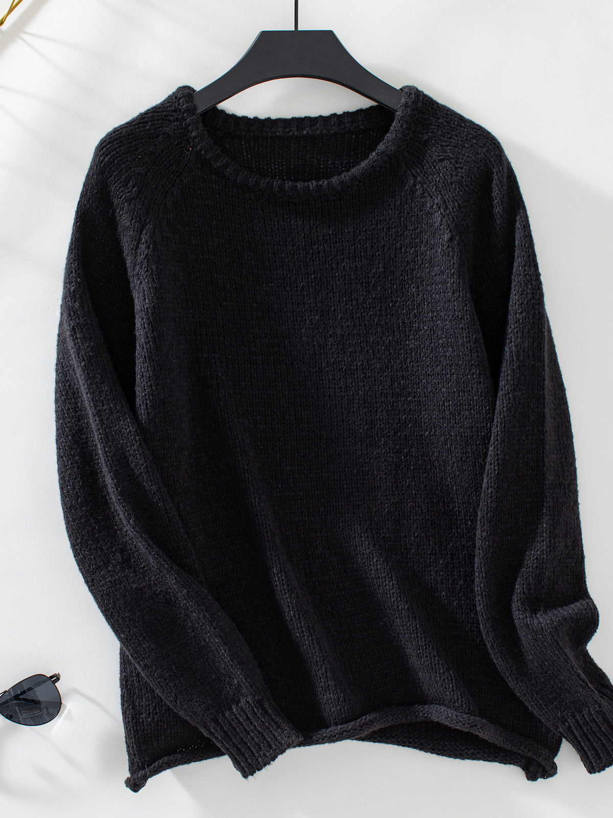 Soft Knit Crewneck Drop Shoulder Sweater - Black