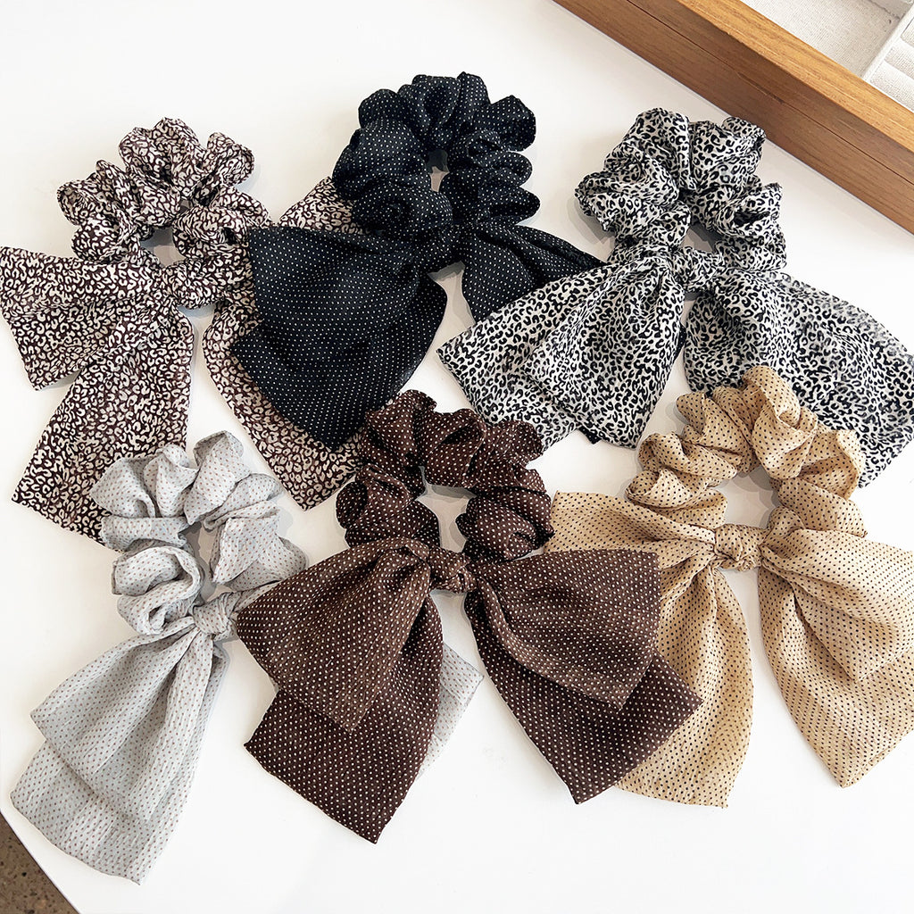 Long Tail Bow Scrunchie in Leopard and Dot Prints