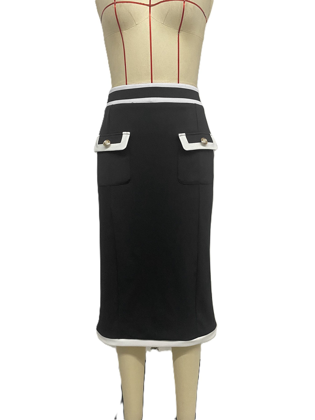 Contrast Trim High Waist Pencil Midi Skirt - Black