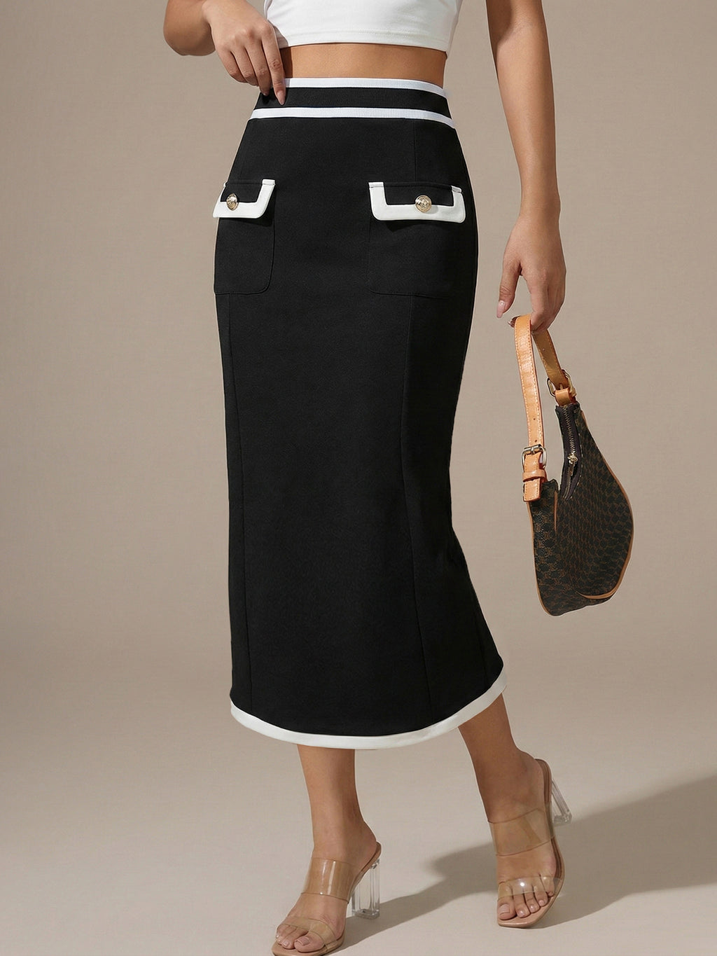 Contrast Trim High Waist Pencil Midi Skirt - view 1