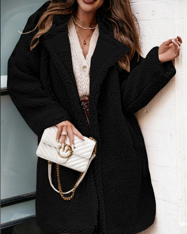 Oversized Teddy Plush Lapel Longline Coat - Black