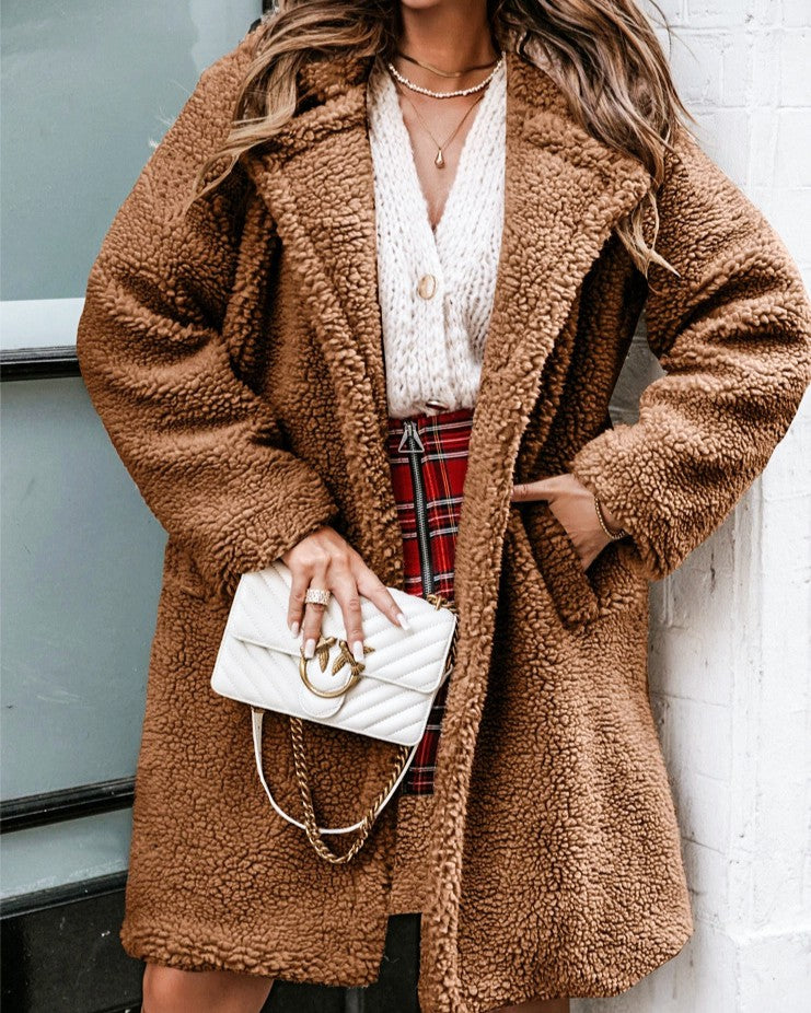Oversized Teddy Plush Lapel Longline Coat - Khaki
