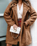Oversized Teddy Plush Lapel Longline Coat - Khaki